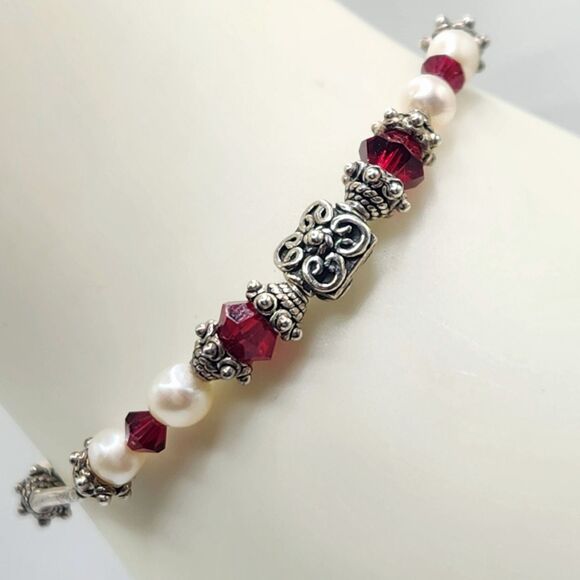 Y2K Vintage 925 Women's Bracelet 6.25"Minimalist Classic Genuine Pearl Ruby Bead - Picture 1 of 8